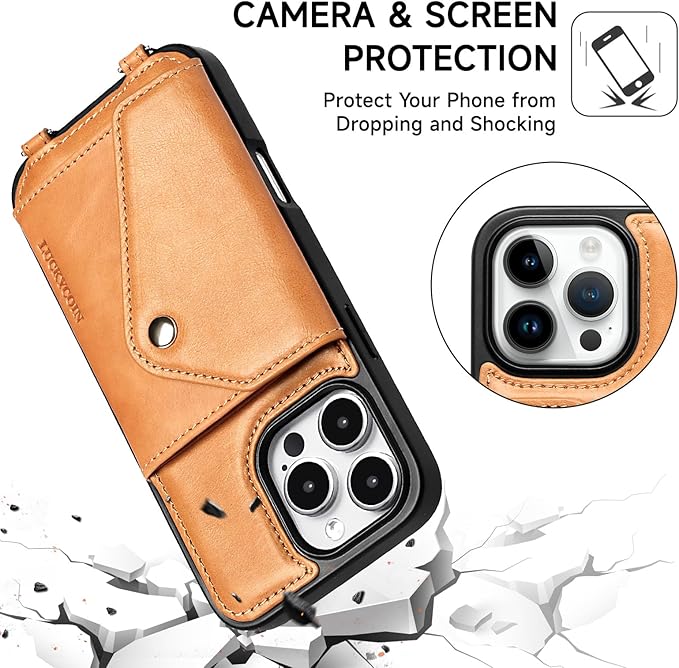 LUCKYCOIN Crossbody Phone Case for iPhone 16 Pro Max, 100% Genuine Leather Phone Wallet Case for Women, Premium Hands-Free Phone Purse with Expandable Flip Card Holder & Adjustable Strap - Retro Tan