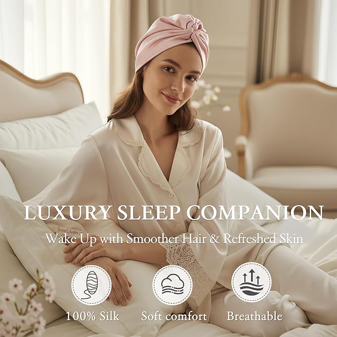 SYSERAN 100% Mulberry Silk Bonnet for Sleeping - Women Natural Curly Hair Night Cap Luxury Sleep Head Wrap with Elastic Band(Lotus Pink)