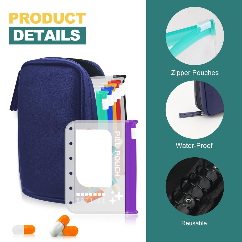 Timueetech A7 Waterproof Pill Organizer with 7 PCS L Size Zippered Pill Pouches for A7 Binder, Large BPA-Free Weekly Medicine Organizer, Color-Coded Reusable Travel Pill Storage System