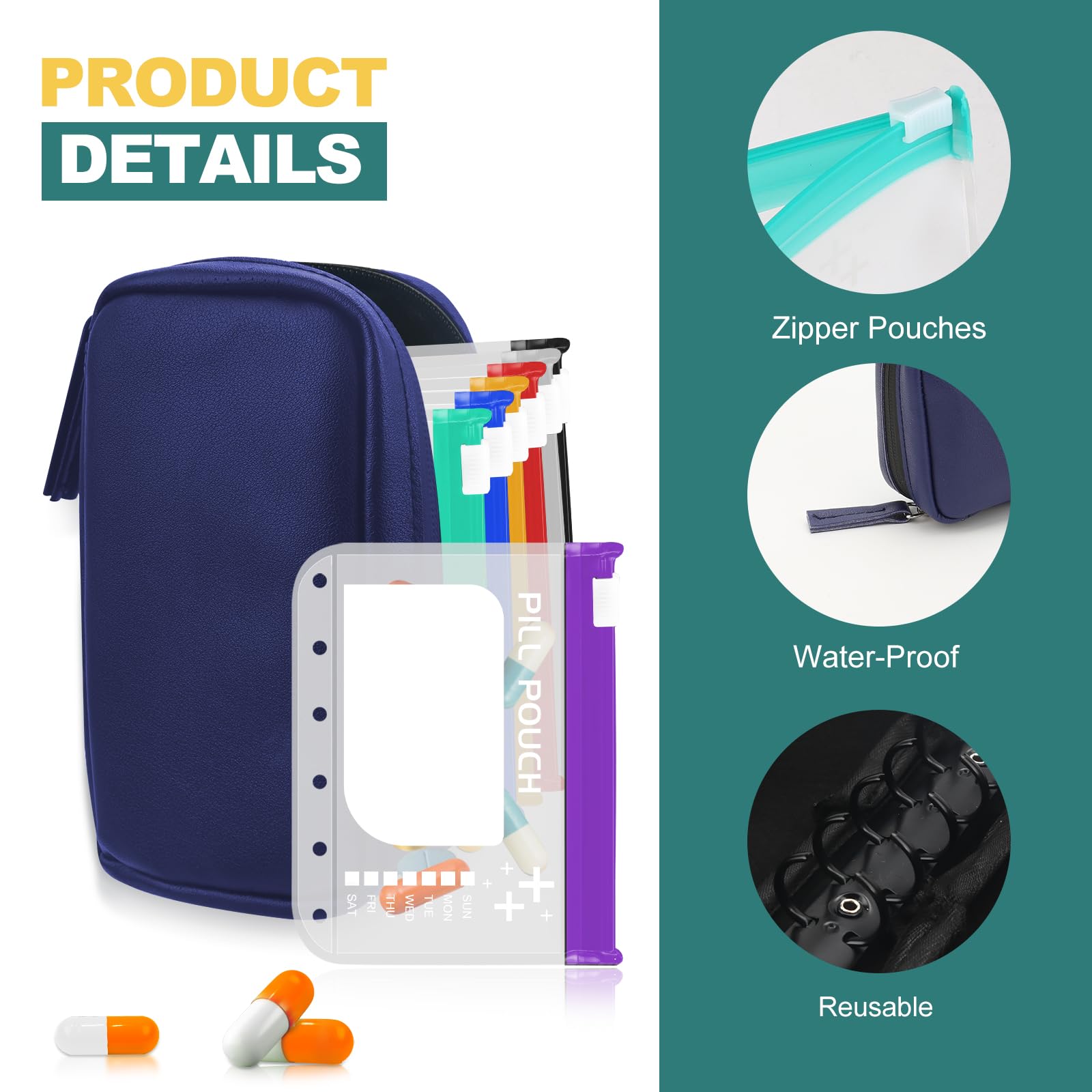 Timueetech A7 Waterproof Pill Organizer with 7 PCS L Size Zippered Pill Pouches for A7 Binder, Large BPA-Free Weekly Medicine Organizer, Color-Coded Reusable Travel Pill Storage System