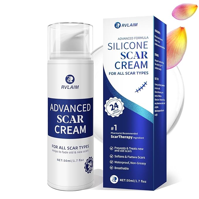 Rvlaim Silicone Scar Cream, Advanced Scar Removal Gel for Old & New Scars, Improves Color & Texture for Post-Surgery, C-Section & Acne Scars, Fast-Drying Non-Greasy Formula, 1.7 fl oz