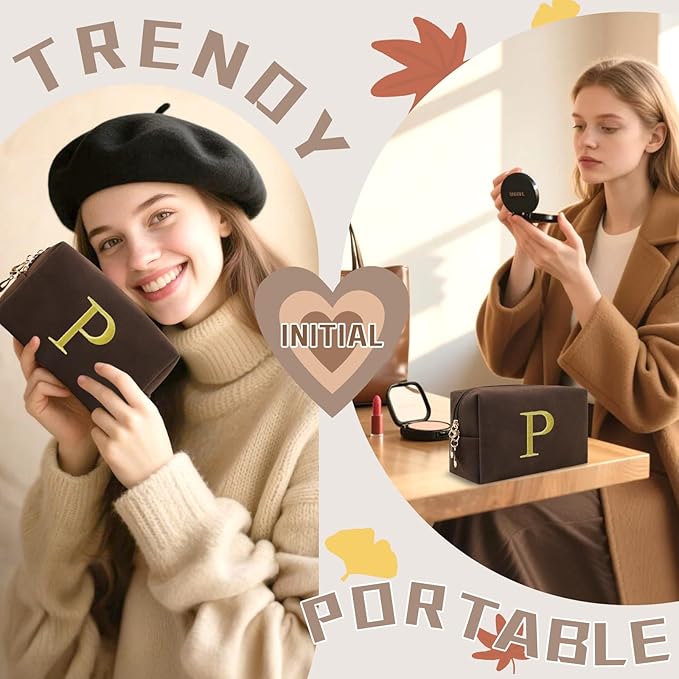 Personalized Initial Makeup Bag,Preppy Suede Cosmetic Bag for Teen Girls,Small Monogram Travel Toiletry Bag With Gold Embroidered Letter,Trendy Stuff Custom Christmas Gift for Women(Coffee-P)