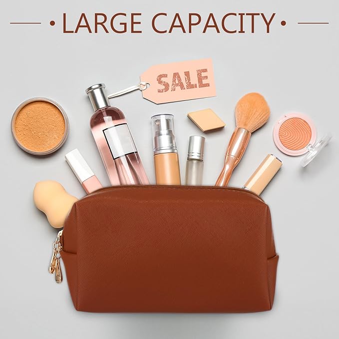 Sanwuta 9 Pcs Makeup Bags Bulk Bridesmaid Proposal Gifts Cosmetic Bags Preppy PU Leather Double Zipper Toiletry Pouch Portable Travel Organizer Case for Women Bachelorette Gift(Brown Series)