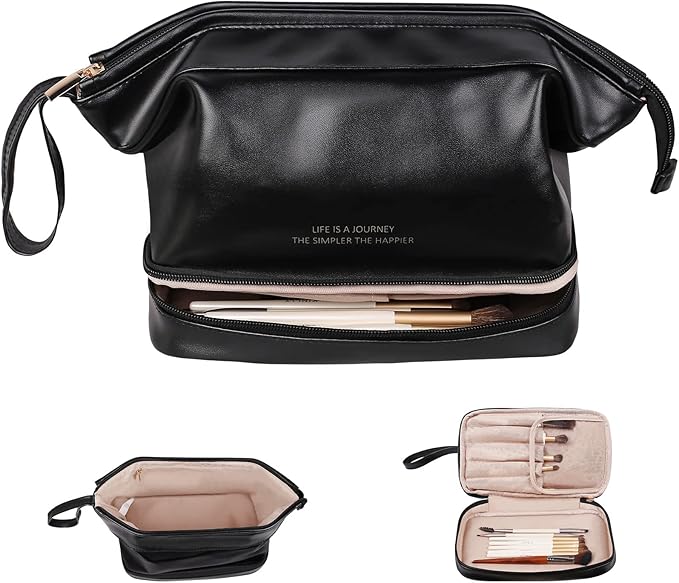 Abiudeng Large Makeup Bag for Women,Travel Makeup Organizer with Brush Holder, Dopp Kit Essentials,Waterproof PU Cosmetic Bag for Traveling,Multi Compartment, Cute,Spacious Capacity-Black