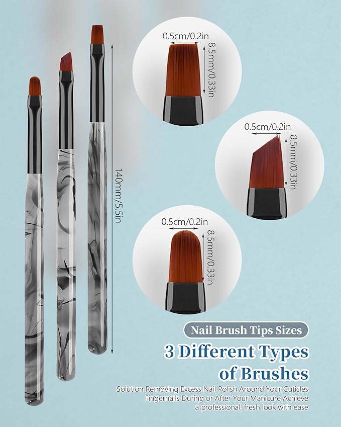 AMilHiTon 3PCS Nail Polish Clean Up Brush, Round/Flat/Angled, Ink Black