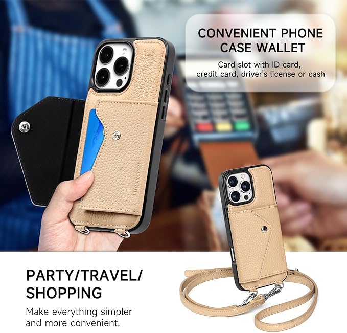 LUCKYCOIN Crossbody Phone Case for iPhone 16 Pro Max,100% Genuine Leather Phone Wallet Case for Women, Premium Hands-Free Phone Purse with Expandable Flip Card Holder & Adjustable Strap - Pebble Beige