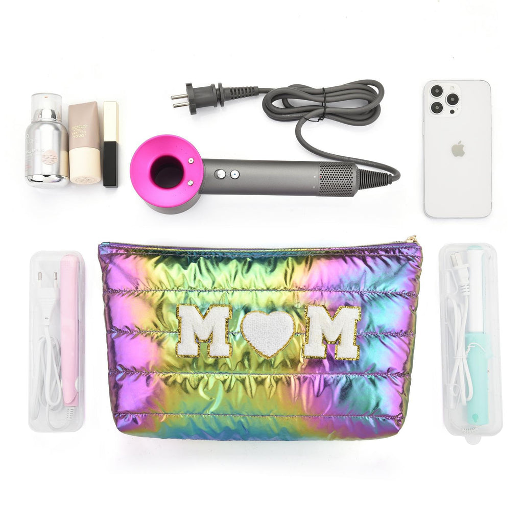 Hiroyuki 3pcs Iridescent Quilted Makeup Bag (ILOVEUMOM, rainbow)