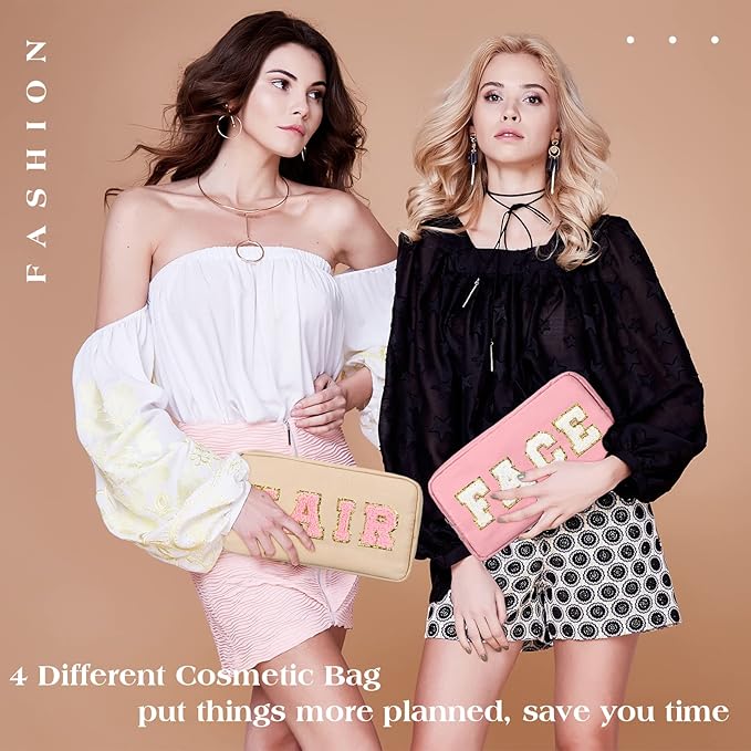 Cunno Preppy Makeup Bags Chenille Letter Stuff Bag Nylon Cosmetic Pouch Cases with Zipper for Women Travel Toiletry(Multi Colors,Classic,4 Pcs)