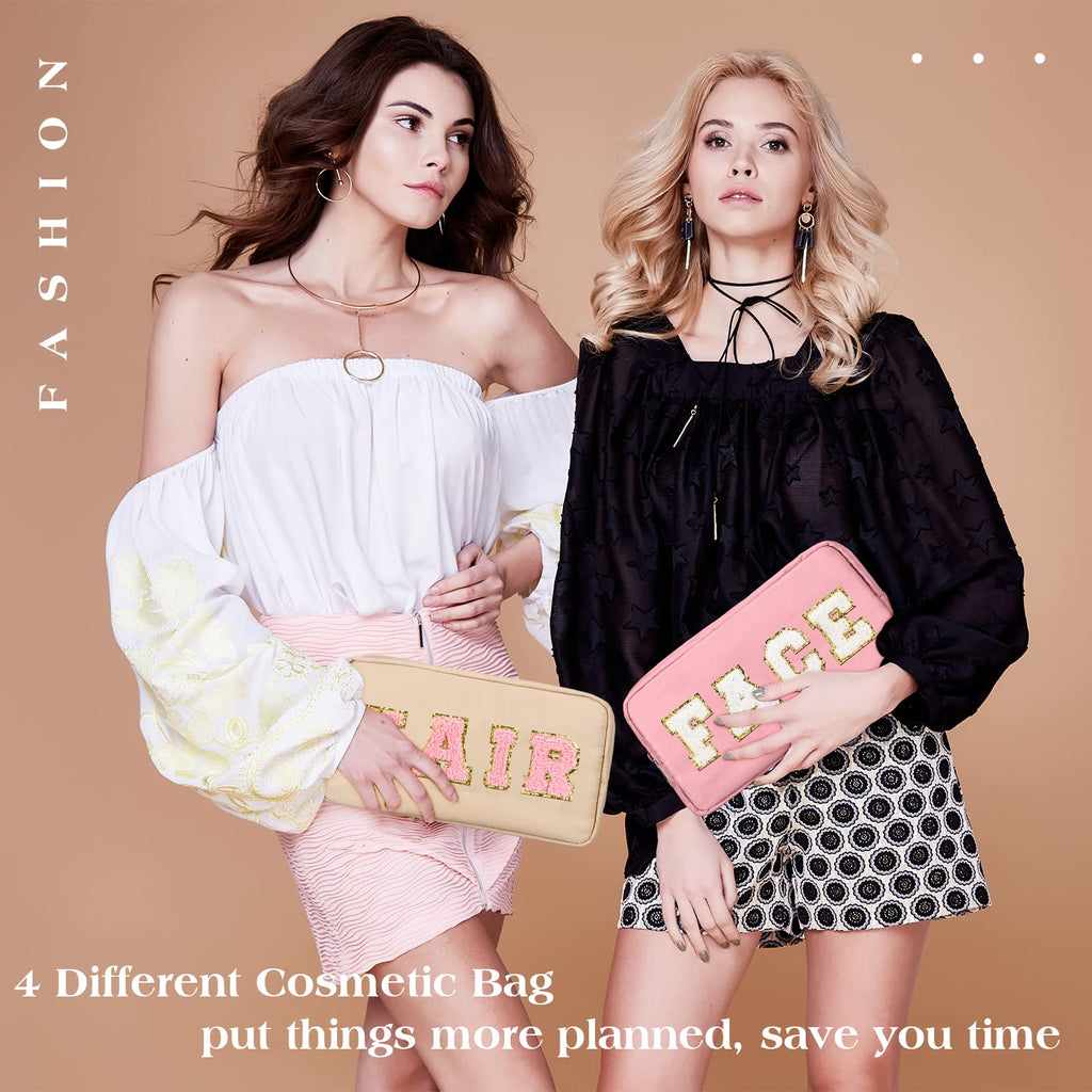 Cunno Preppy Makeup Bags Chenille Letter Stuff Bag Nylon Cosmetic Pouch Cases with Zipper for Women Travel Toiletry(Multi Colors,Classic,4 Pcs)