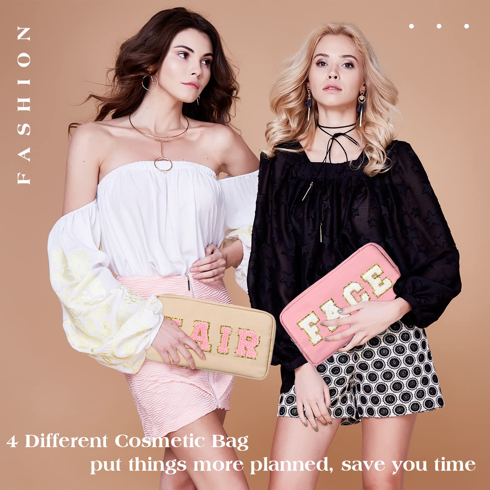 Cunno Preppy Makeup Bags Chenille Letter Stuff Bag Nylon Cosmetic Pouch Cases with Zipper for Women Travel Toiletry(Multi Colors,Classic,4 Pcs)