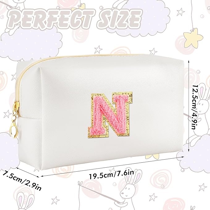 URSKYTOUS Initial Makeup Bag Personalized Preppy Travel Small Cosmetic Bag Cute PU White Chenille Letter Makeup Pouch for Purse Waterproof Zippered Toiletry Organizer for Women Girl Kid Friends(N)