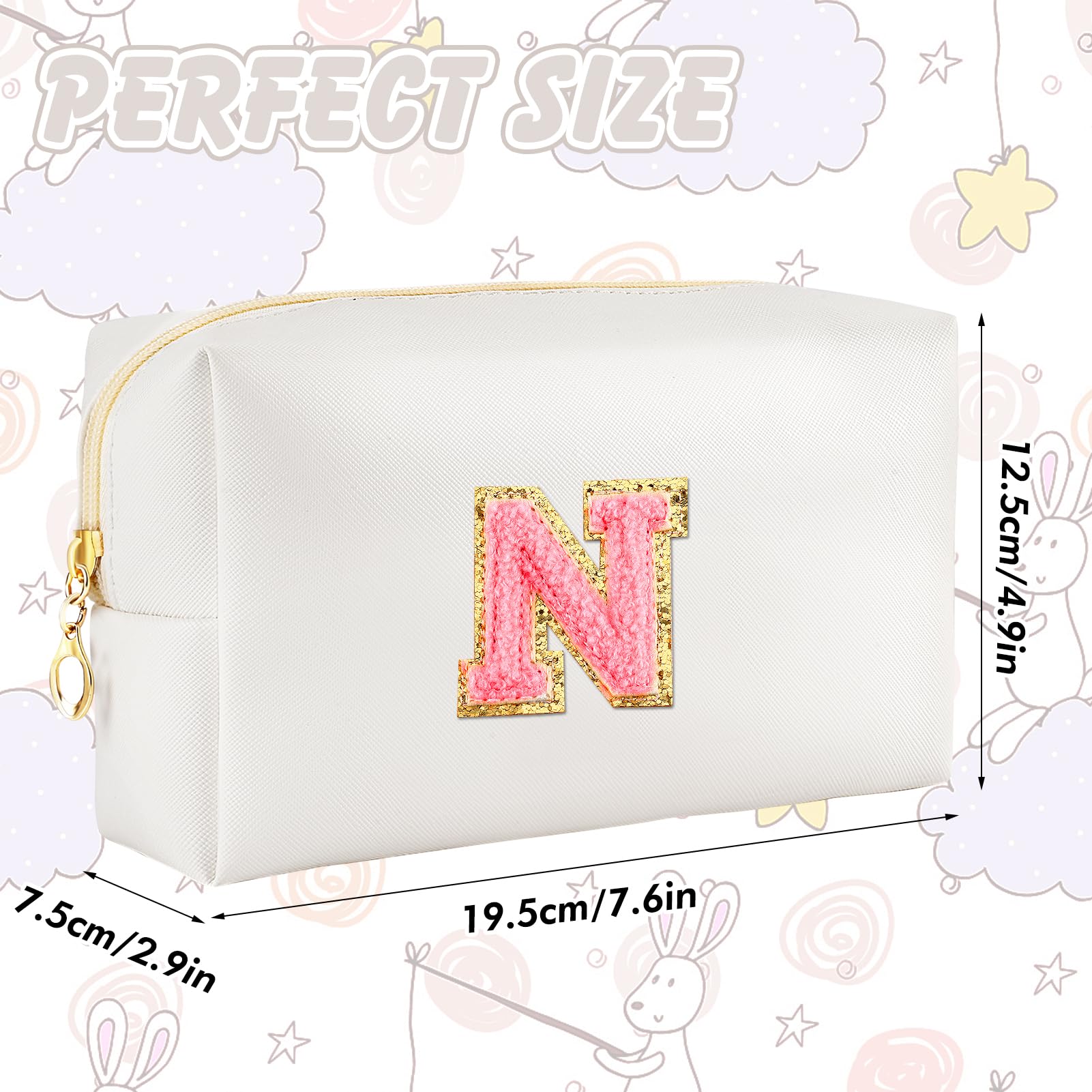 URSKYTOUS Initial Makeup Bag Personalized Preppy Travel Small Cosmetic Bag Cute PU White Chenille Letter Makeup Pouch for Purse Waterproof Zippered Toiletry Organizer for Women Girl Kid Friends(N)