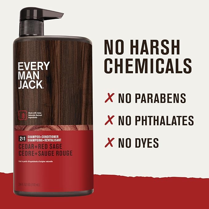 Every Man Jack Men's Shampoo & Conditioner 2-in-1, Cedar Red Sage, 24 oz