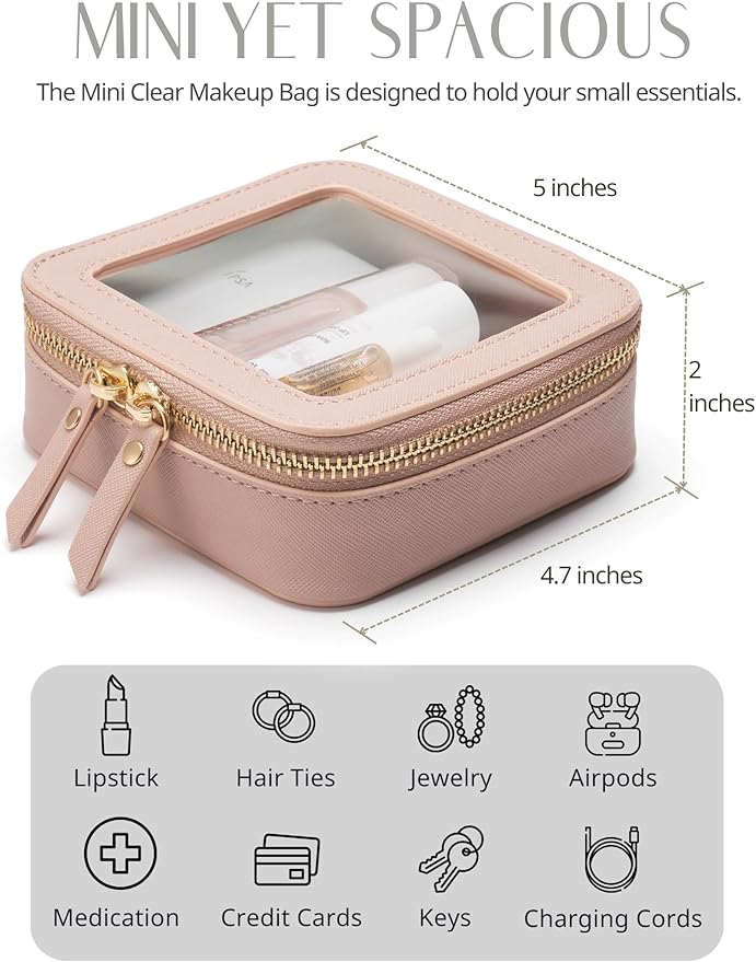 Popvibe Clear Makeup Bag with Zipper, Set of 2, Mini and Medium, Mauve Pink