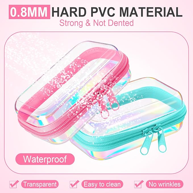Hoolerry 3 Pcs Clear Hard Zipper Case Hard Plastic Zipper Pouch Makeup Bag Portable Travel Organizer for Cosmetics, Office Supplies, Documents & Toiletries(Laser,Xs)