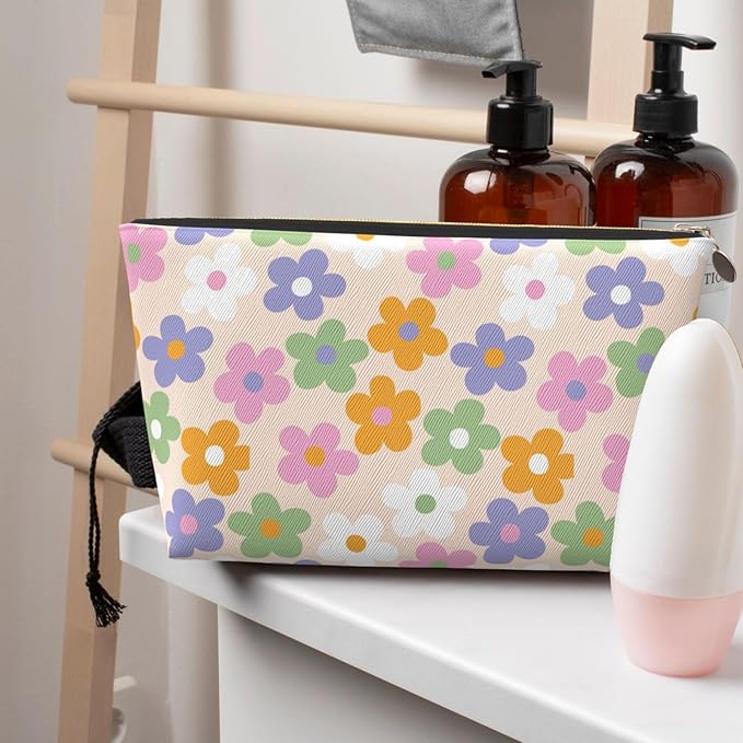 BEIANSHUO Cute Flowers Floral Small Makeup Bag for Women - Leather Travel Cosmetic Bag Make Up Pouch Mini Travel Zipper Pouch - Makeup Organizer Bag