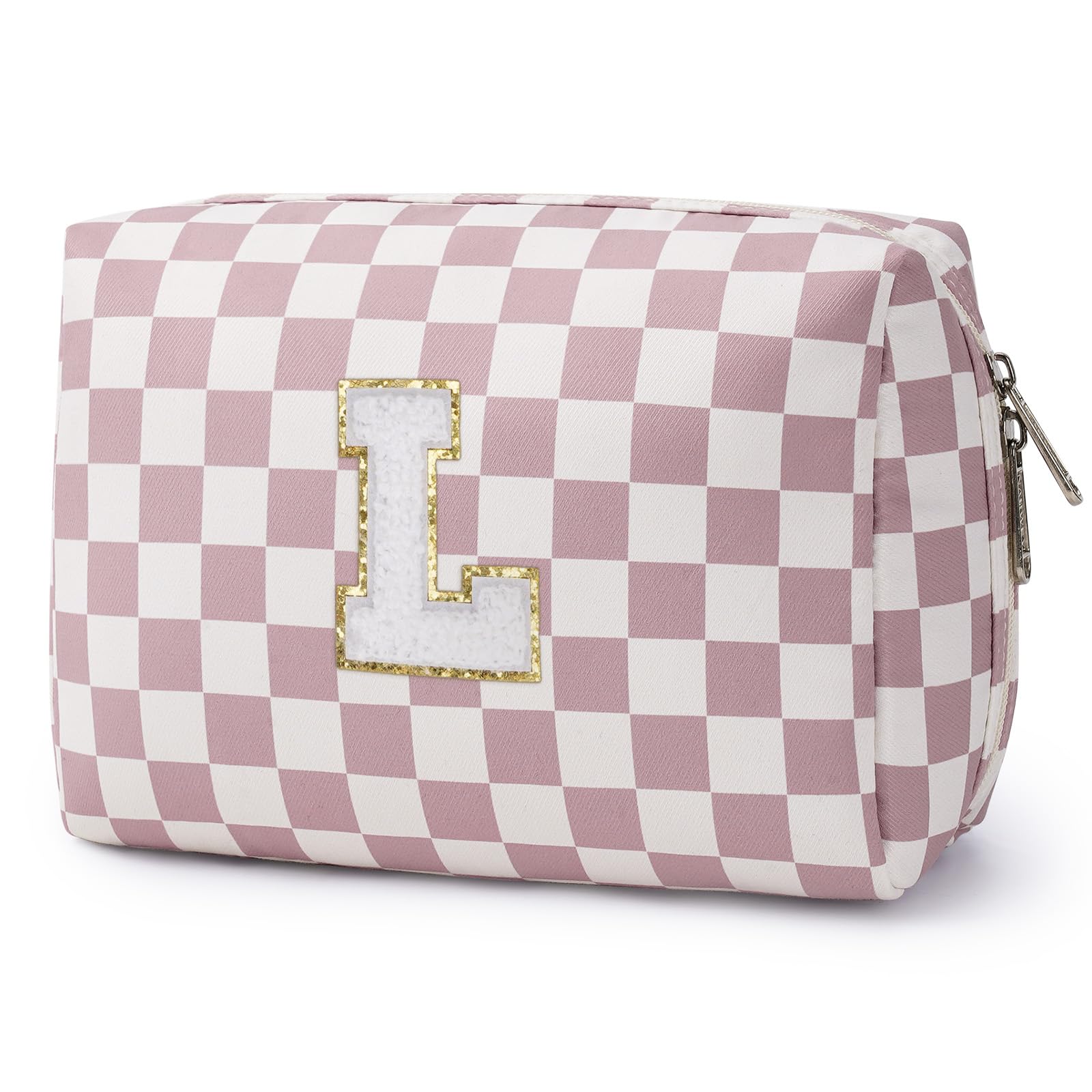 Narwey Birthday Gifts for Teen Girls Kids Women Personalized Initial Checkered Makeup Bag Pink Monogram Cosmetic Bag Trendy Stuff 6 8 10 11 12 13 14 16 18 Years Old Travel Toiletry Bag (Dusty Rose L)