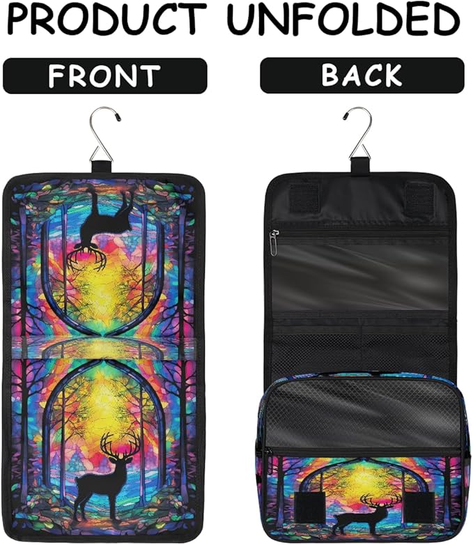 YoYoYuchong Travel Toiletry Bag for Women & Men Animal Colorful Deer Hanging Cosmetic Organizer Portable Waterproof Makeup Case Make Up Bag with Compartments Travel Essentials for Bathroom Shower