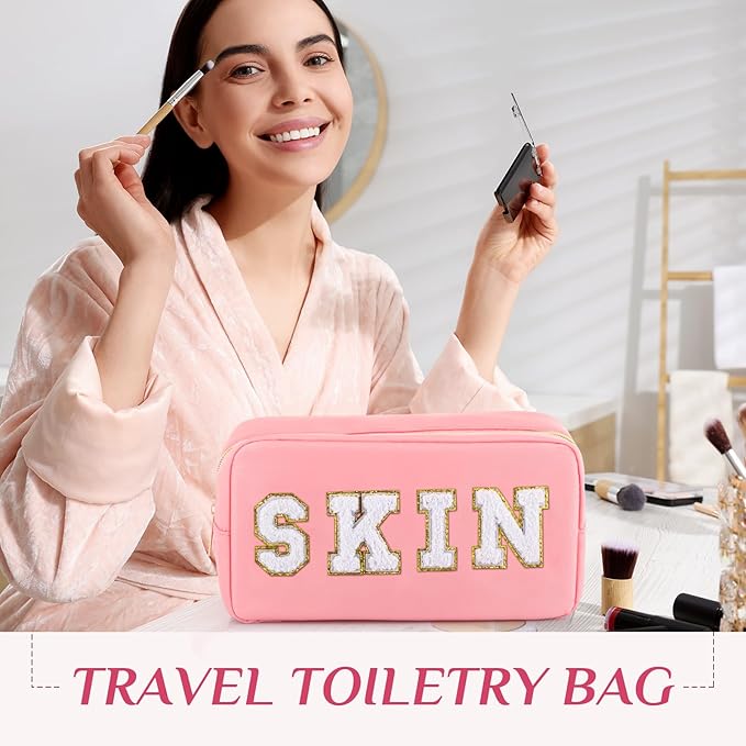 Remerry 4 Pcs Nylon Makeup Bags Waterproof Spacious Travel Cosmetic Bag for Women Chenille Letter Preppy Zipper Pouch Face Stuff Skin Hair Organizer Gift(Pink)