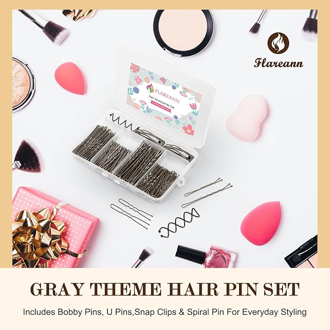 FLAREANN Gray Bobby Pins Set with U Shape Pins, Spiral Pin & Snap Clips