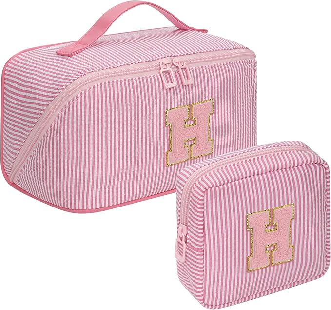 2026 Graduation Gifts - Travel Makeup Bag for Women, 2Pcs Portable Personalized Initial Makeup Organizer Bag, Open Flat Large Cosmetic Bag With Travel Essential Pouch (Pink Letter H)