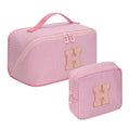 2026 Graduation Gifts - Travel Makeup Bag for Women, 2Pcs Portable Personalized Initial Makeup Organizer Bag, Open Flat Large Cosmetic Bag With Travel Essential Pouch (Pink Letter H)