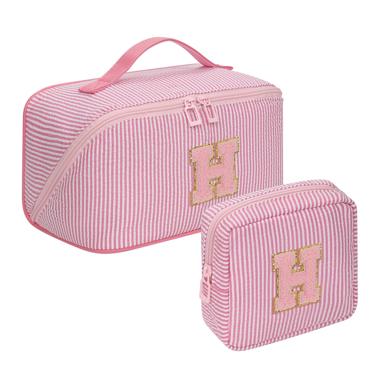 2026 Graduation Gifts - Travel Makeup Bag for Women, 2Pcs Portable Personalized Initial Makeup Organizer Bag, Open Flat Large Cosmetic Bag With Travel Essential Pouch (Pink Letter H)