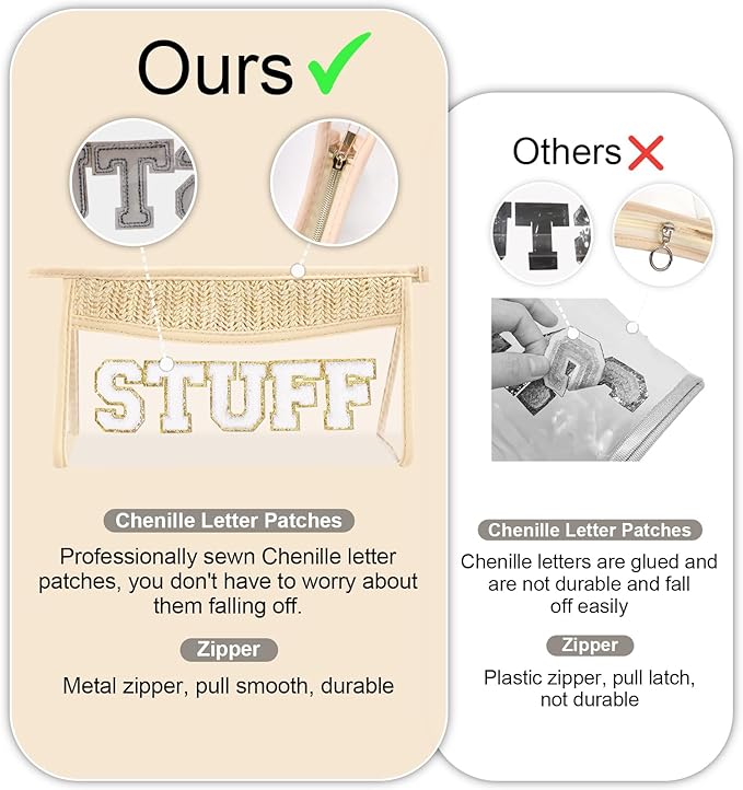 Small Boho Straw Clear Mama Makeup Bags for Women&Girls, Zipper Cosmetic Bag Chenille Varsity Letter Patch Bag, Preppy Cute Toiletry Pouch, Trendy Organizer Storage Bag for Beach Travel Essentials
