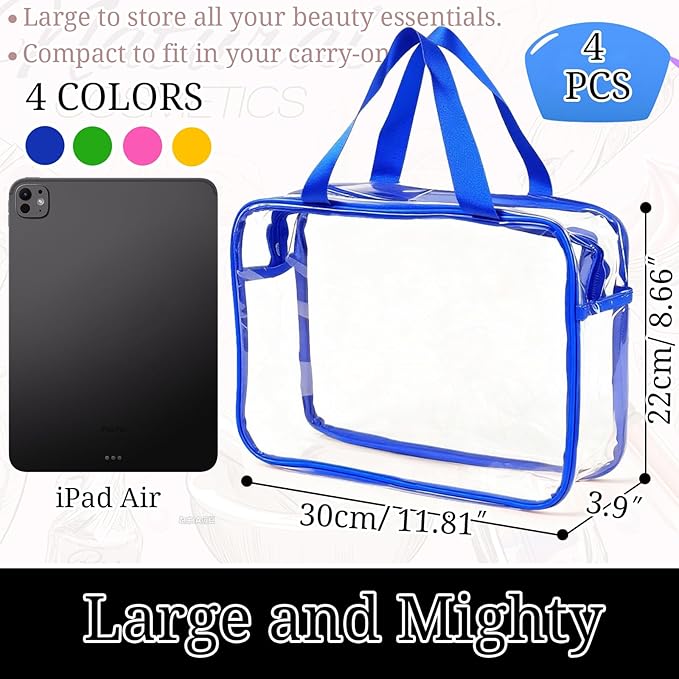 YOQIVEXU 4 Packs Large Clear Toiletry Bag, Waterproof Clear Makeup Cosmetic Organizer Bags with Handle, Transparent Handbag with Zipper for Travel Airport Airline Vacation
