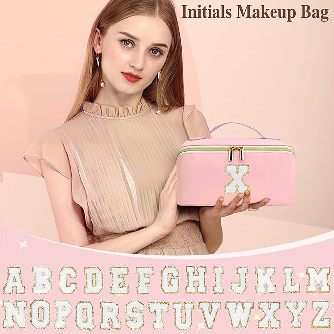 for Christmas Day Gifts, Makeup Bag for Women, PU Leather Travel Toiletry Bags, Initial Make Up Cosmetic Pouch for Teen Girls, Wide Open Portable Skincare Bag, Personalized Birthday Gifts, Pink T