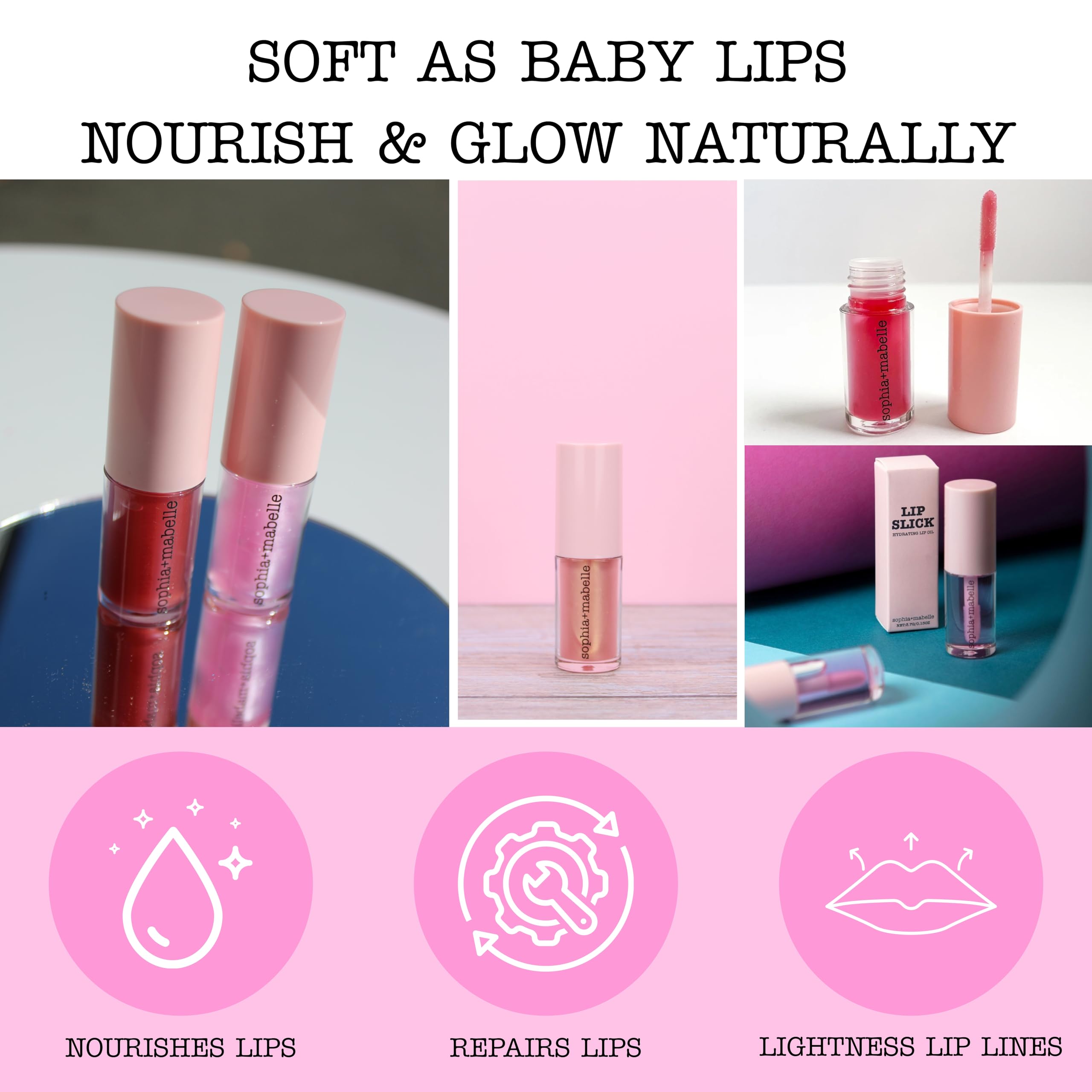 Sophia + Mabelle Hydrating Lip Oil – Lightweight, Non-Sticky & High-Shine Lip Gloss Oil – Moisturizing, Nourishing, Soothing Tinted Formula for Soft Lips – 3.7g (Cabana Service (Peach), 3.7g)
