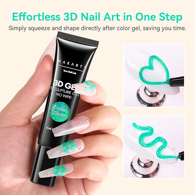 Makartt 3D Nail Gel, 15g Tinsel Green Sculpting Gel Glue for Drawing