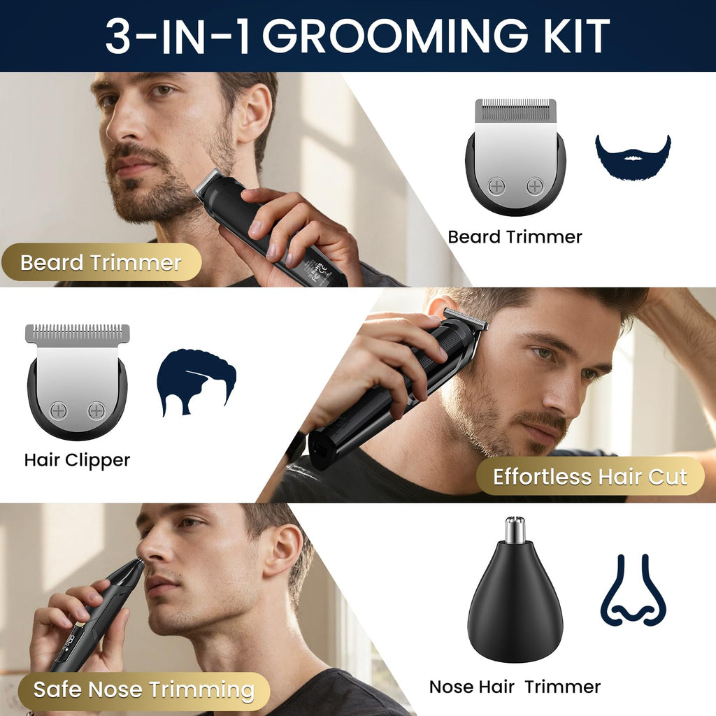 Ufree 3-in-1 Beard Trimmer for Men, IPX6 Waterproof Electric Razor Shaver, Hair Mustache Body Nose Trimmer, Type-C Clippers Husband Father boy Grooming Kit, Birthday Gifts for Men Dad
