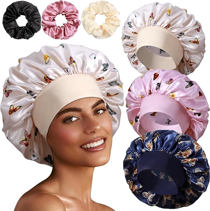 3+3 Large Satin Bonnets with Scrunchies for Women, Wide Band Hair Bonnet for Sleeping Braids Curly Hair, E