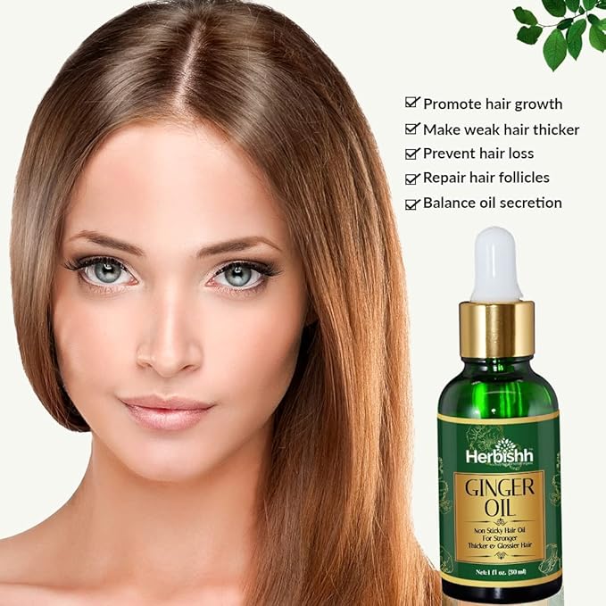 Herbishh Ginger Essential Oil For Hair Growth (30ml Each) Pack Of 3, Non Sticky, Ginger Hair Growth Serum Oil For Thicker, Strong and Glossier, Ginger Oil for Hair with Dropper