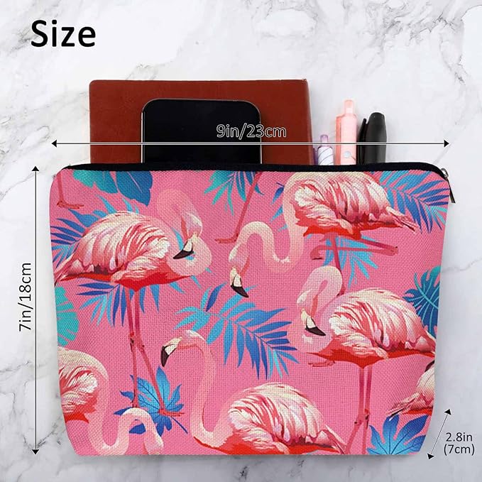 Kalygon Flamingo Makeup Bag For Women, Adorable Cosmetic Pouch With Tropical Leaves Palms Pattern, Pink Zipper Travel Toiletry Organizer For Gym and Bathroom