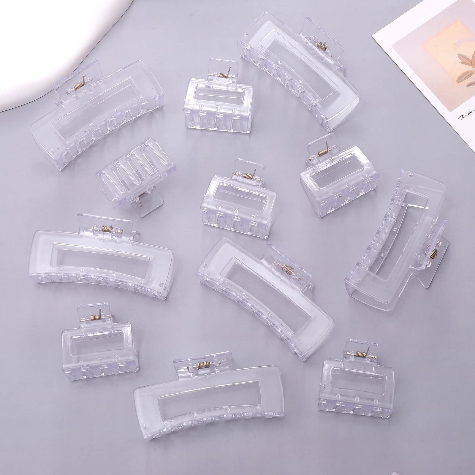 12 Pack Clear Square Claw Clips, Big and Small Neutral Rectangle Hair Claw Clips, Non-slip Matte Large Hair Clips for Women,Strong Hold jaw clip for Thick Thin Hair