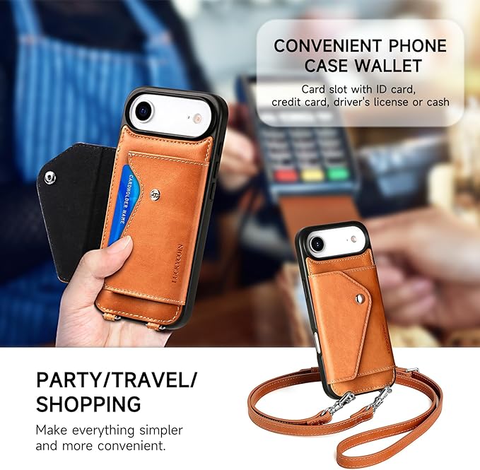LUCKYCOIN Crossbody Phone Case for iPhone Air,100% Genuine Leather Phone Wallet Case for Women,Fashion Premium Hands-Free Phone Purse with Expandable Flip Card Holder & Adjustable Strap - Retro Brown