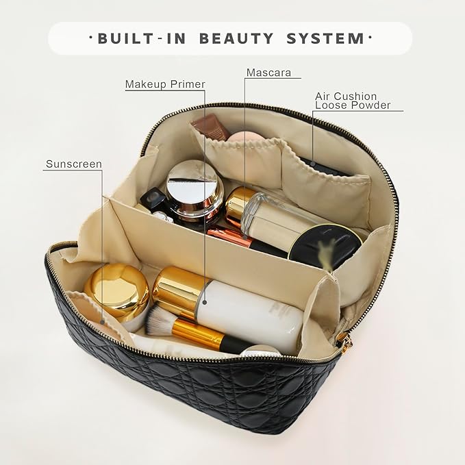 JINYIBAGS Travel Makeup Bag – Large Cosmetic Organizer with Waterproof PU Leather, Smooth Double Zipper & Tear-Resistant Lining, Toiletry Pouch for Women (Black)