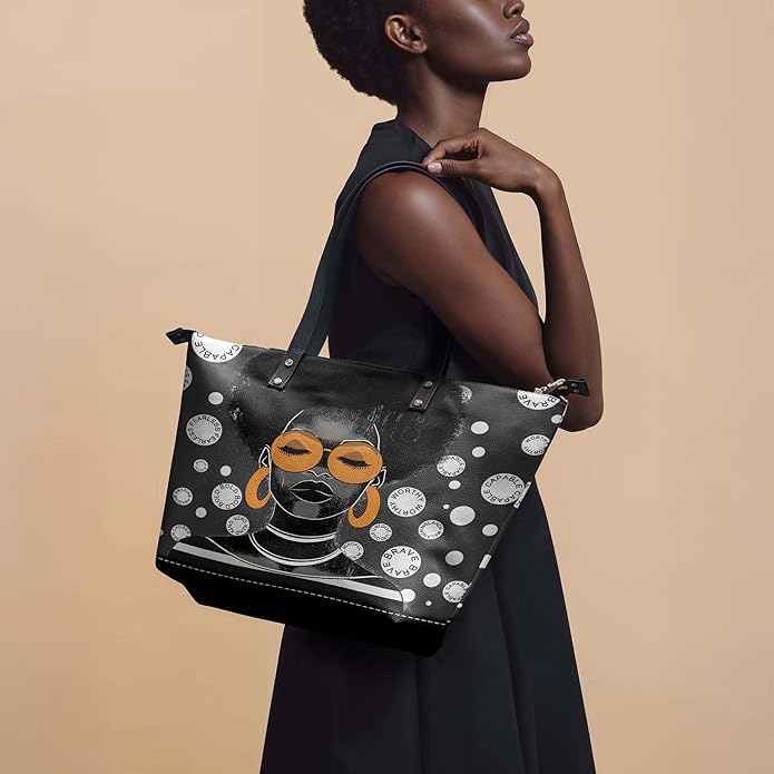 Afroyla African Black Women's Leather Tote Bag, Large Size, Premium Leather, Perfect Presents For Women (Fahari, Premium Vegan Leather)