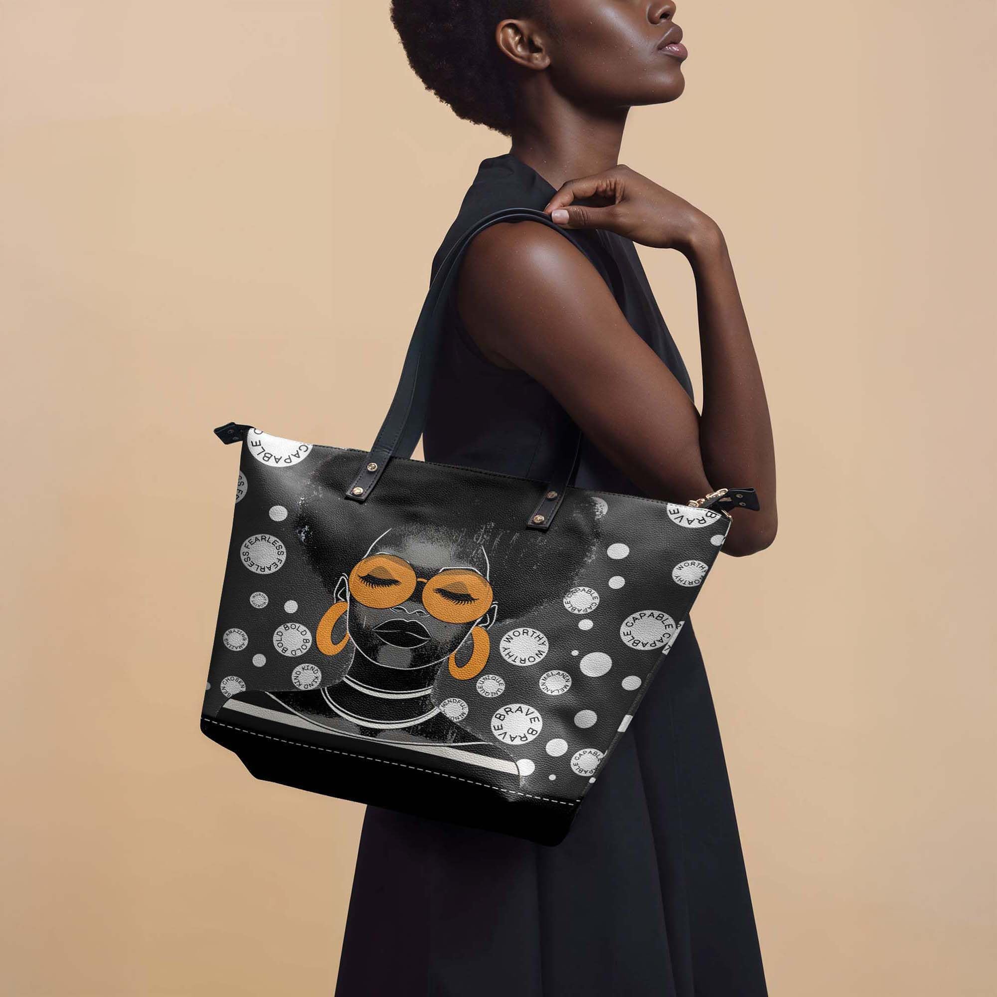 Afroyla African Black Women's Leather Tote Bag, Large Size, Premium Leather, Perfect Presents For Women (Fahari, Premium Vegan Leather)