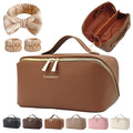 Cuteseason PU Leather Makeup Bag for Women, Structured Makeup Case with Wide Opening, Travel Cosmetic Bag with Compartments and Handle, Water-Resistant Makeup Organizer(Light Brown, Lychee Grain)
