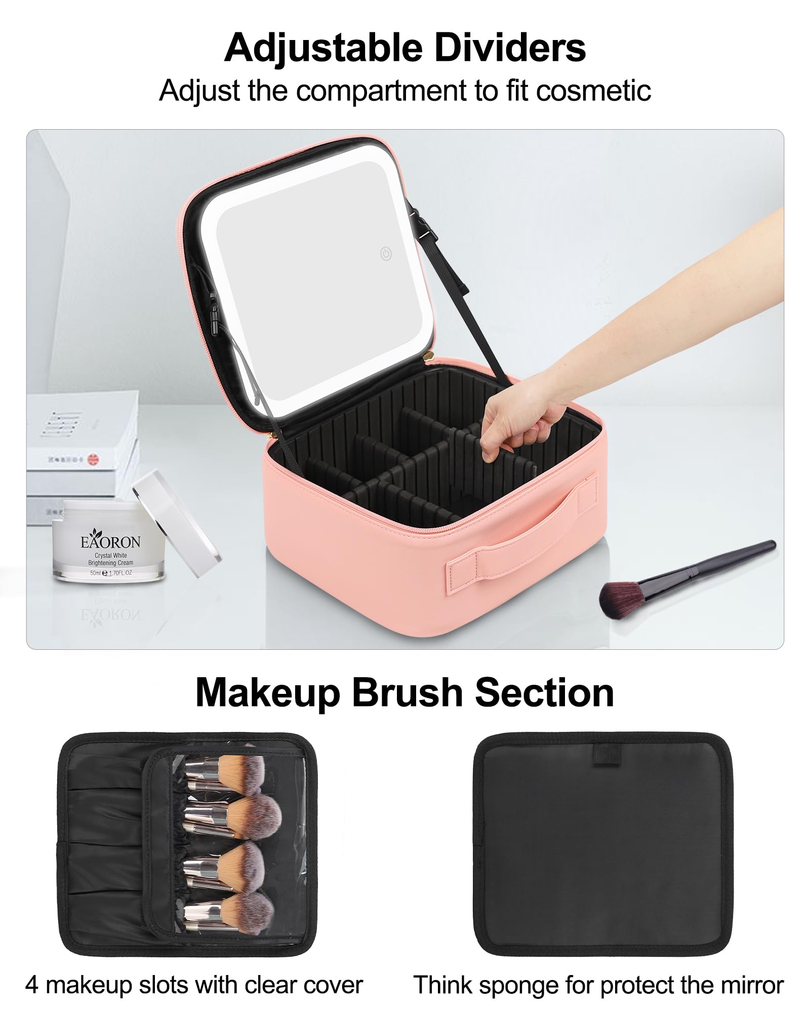 Chomeiu Makeup Bag with LED Mirror, Cute Cosmetic Bags Birthday Gifts for Girls Women, Makeup Train Case Artists Organizer Large Make Up Bags with Light Up Mirror 3 Color Lights, Pink 2