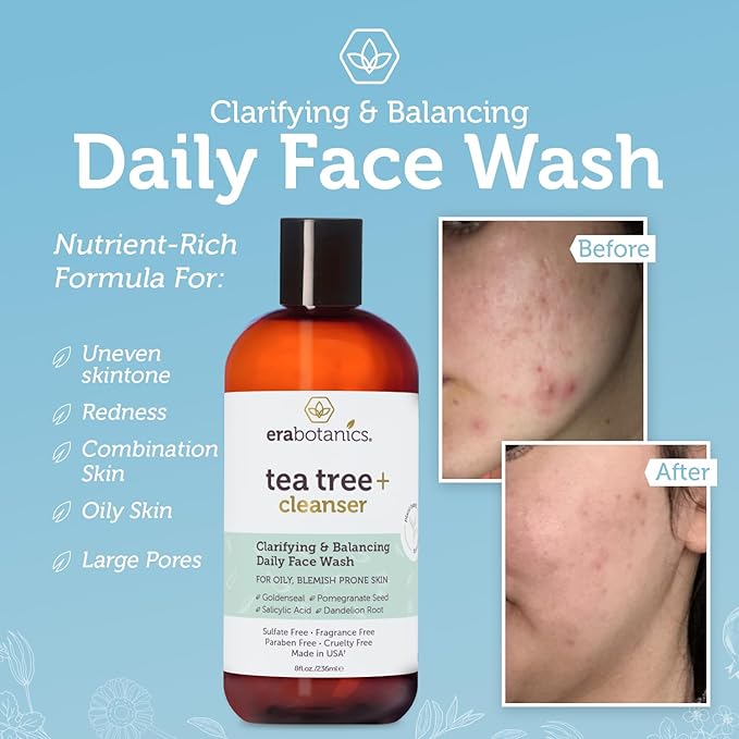 Era Organics Tea Tree Oil Face Wash - Salicylic Acid Cleanser for Oily Skin