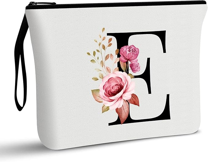 Vavabox A-Z Personalized Makeup Bag, Birthday Gifts for Women Mom, Gifts for Best Friend, Bride Bridesmaid Cosmetic bag (E, 01-White)