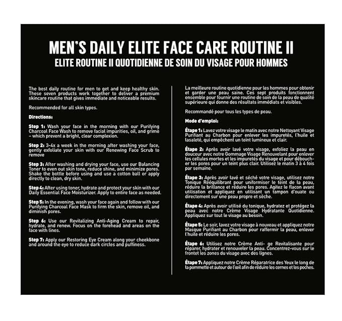 Brickell Men's Daily Elite Face Care Routine II, Toner, Charcoal Face Wash, Face Scrub, Anti-Aging Cream, Eye Cream, Charcoal Mask & Moisturizer, Activated Charcoal, Peptides, Hyaluronic Acid, Scented