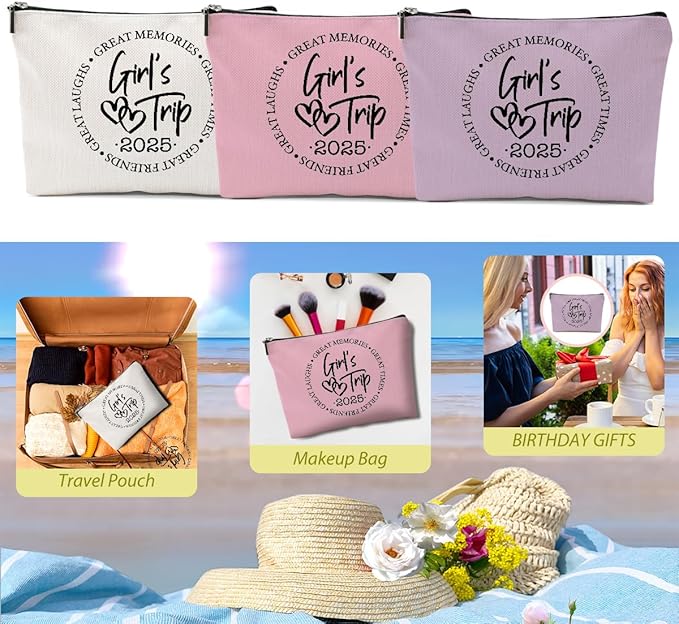 BQXH 3 Pcs Girls Trip Gifts Favors, Girls Weekend Gifts Makeup Bag, Bestie Weekend Bag Toiletry Bag with Liner, Vacation Cosmetic Bag, Friendship Gift for Women Friend Sister, Graduation Gift