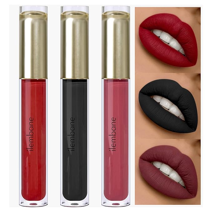 ilembane Matte Liquid Lipstick Set, 3 Pack Red, Black & Dark Red Shades