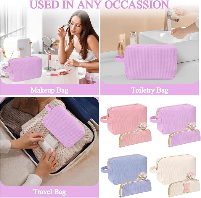 Sernaxi Personalized Initial Makeup Bag Trendy Stuff Corduroy Cosmetic Bag Travel Toiletry Bag, Valentine’s Day Gift Makeup Organizer Case & Makeup Pouch for Women teen Girls Mom Girlfriend Wife