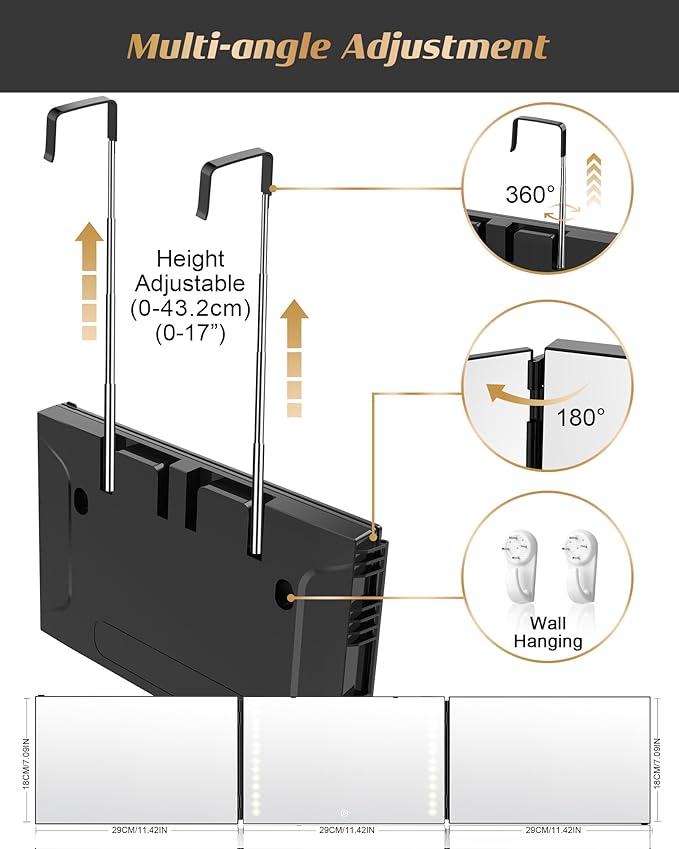 JUSRON 3 Way Mirror for Hair Cutting, 360 Mirror with Height Adjustable Hooks for Door, Bathroom, Portable Trifold Shaving Barber Mirror for Makeup, Cut, Trim, Shave Gift (Black with LED)